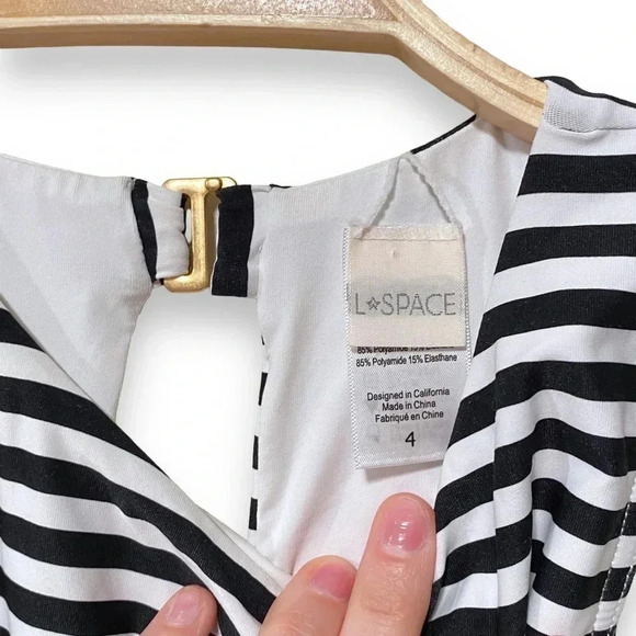 L*Space Laura Domino Black White Stripe Side Cut out Tie One Piece Swimsuit 4 - Picture 5 of 9